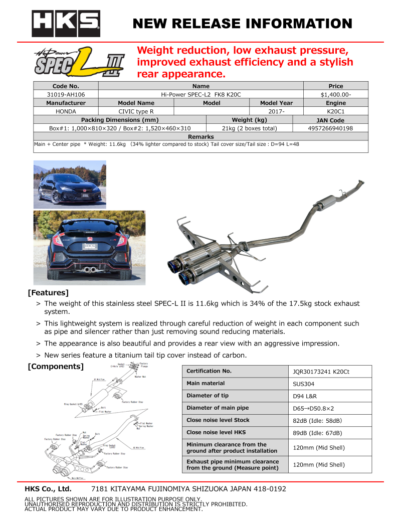 HKS High-Performance Hi-Power Muffler SPEC-L2 for FK8 with K20C Engine